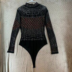 Double Heart Womens Sheer Top One Piece Leotard Rhinestone Dance Performance